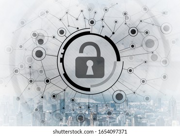 Cybersecurity mixed media with virtual locking padlock on cityscape background. Data privacy protection. Protect personal data and privacy from cyberattack. Internet identity and access management