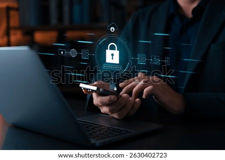Cybersecurity and mobile data protection concept with user accessing secure network through smartphone. cloud access control, encryption, and digital authentication.
