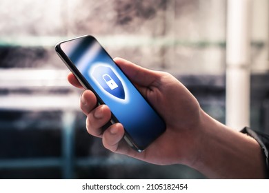 Cybersecurity in mobile phone against scam, hack and fraud. Encrypted smartphone. Password lock. Online data hacker. Cyber scammer using tech for phishing. Safety login app to protect personal privacy