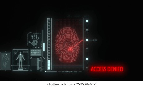 Cybersecurity modern technology infographic. Holographic security interface, identity scanner scans fingerprint showing access denial. - Powered by Shutterstock