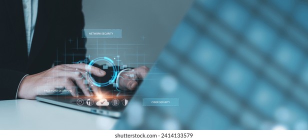 Cybersecurity and network data protection concept, businessman using laptop connecting to internet network security, encryption security of personal data and online transactions and communication.