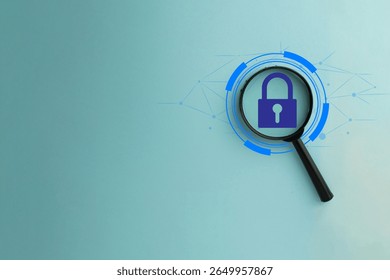 Cybersecurity and network protection concept. A magnifying glass focuses on a padlock icon inside a futuristic digital interface with copyspace idea for technology,business,secure access. - Powered by Shutterstock - Get 15% off with code: PIKWIZARD15
