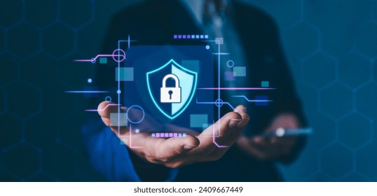 Cybersecurity and network protection, Private key concept, Data Security system Shield Protection Verification, man using laptop with lock icon for business and internet, Lock icon and internet.