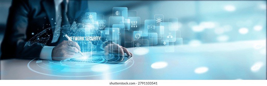 Cybersecurity officer using a smart tablet for performance monitoring network security protocols, firewall defense intrusion detection encryption governance protection.