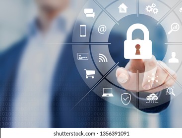 Cybersecurity on internet with person touching interface with icons of wireless network connection access on mobile, online payment, smartphone app, smart home, IoT, protect data against cyber crime