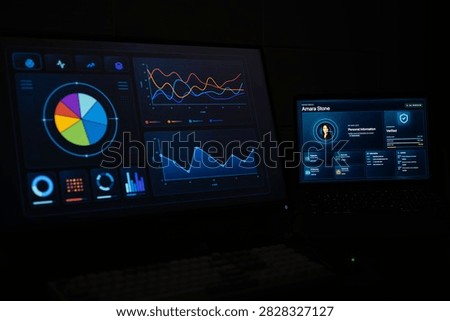 Cybersecurity operations workstation with data analytics dashboard and biometric identity verification screens, representing security monitoring, access control, digital protection and threat analysis.