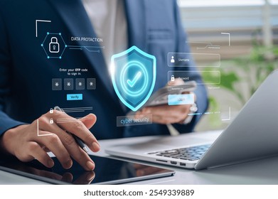 Cybersecurity with OTP and Data Protection. Business professional using two-factor authentication, for Protect your business and financial information from cyber attacks