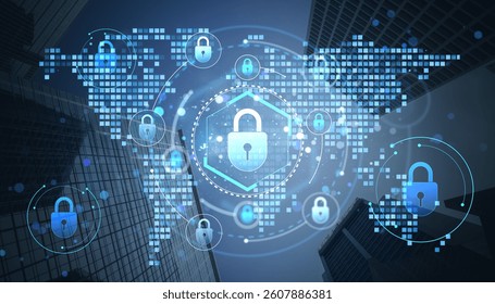 Cybersecurity padlock icons with digital pixel world map overlay on city skyscrapers, in hologram style, representing data protection concept