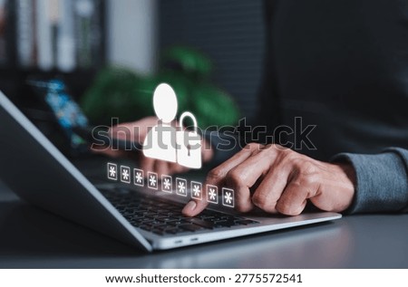 Cybersecurity and password privacy concept. User typing on laptop with digital login icon, lock symbol, passcode, secure access, authentication, online data protection, network safety system security