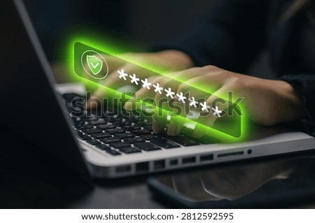 Cybersecurity password protection concept with secure login interface on laptop, encrypted authentication, digital identity verification and online data privacy for safe business access.