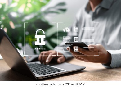 Cybersecurity of personal data protection concept, Businessman use smartphone and security encryption in the online network, data protection personal document financial transaction om internet