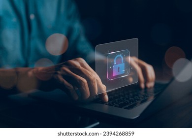 Cybersecurity and privacy concept, protect data, Lock icon and internet network security technology concept, Businessman protecting personal data on laptop, visual screen interface, cyber security.