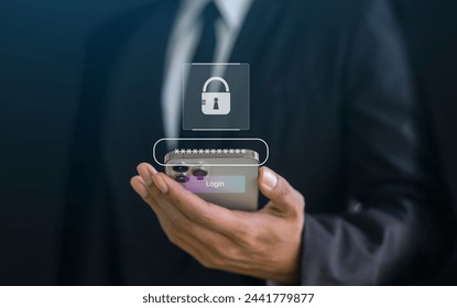Cybersecurity privacy concept to protect data, business people secure protecting personal data, virtual screen interfaces, smartphone, Lock and internet network security technology, cyber security	