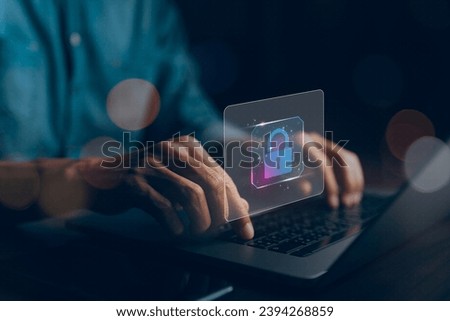 Cybersecurity and privacy concept, protect data, Lock icon and internet network security technology concept, Businessman protecting personal data on laptop, visual screen interface, cyber security.