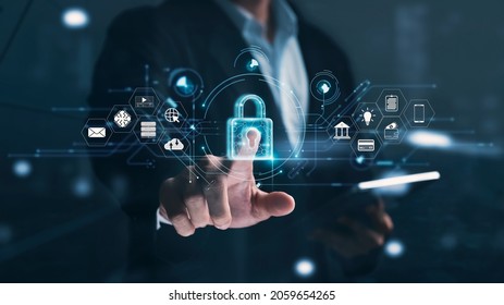 Cybersecurity And Privacy Concepts To Protect Data. Lock Icon And Internet Network Security Technology. Businessmen Protecting Personal Data On Tablets And Virtual Interfaces.