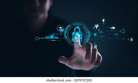 Cybersecurity and privacy concepts to protect data. Lock icon and internet network security technology. Businessmen protecting personal data on tablets and virtual interfaces.