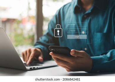 Cybersecurity and privacy concepts to protect data. Lock icon and internet network security technology. Businessmen protecting personal data on smartphone and virtual interfaces.