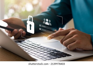 Cybersecurity and privacy concepts to protect data. Lock icon and internet network security technology. Businessmen protecting personal data on laptops and virtual interfaces.