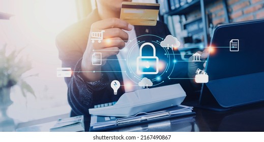 Cybersecurity and privacy concepts to protect data. Lock icon and internet network security technology. Businessman protecting personal data on smart phone with virtual screen interfaces. - Shutterstock ID 2167490867