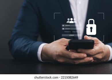 Cybersecurity and privacy concepts to protect data. Lock icon and internet network security technology. Businessmen protecting personal data on smartphone and virtual interfaces.