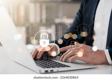 Cybersecurity and privacy concepts to protect data. Lock icon and internet network security technology. Businessmen protecting personal data on virtual interfaces.
