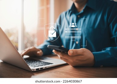Cybersecurity and privacy concepts to protect data. Lock icon and internet network security technology. Businessmen protecting personal data on virtual interfaces.