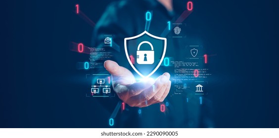 Cybersecurity and privacy concepts to protect data. Lock icon and internet network security technology. Businessman protecting personal data on hand, virtual screen interfaces. Cybersecurity.