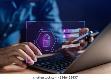Cybersecurity and privacy concepts to protect data. businessman with internet network security technology. personal data on laptop. cyber security concept.	