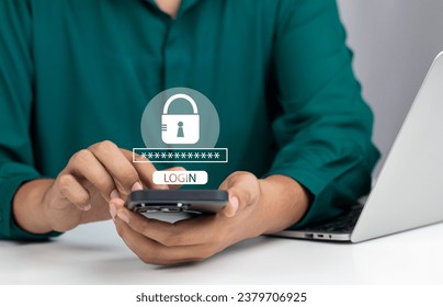 Cybersecurity and privacy concepts to protect data. information security and encryption, Businessman or User typing login and password protecting personal data on smartphone and virtual interfaces.