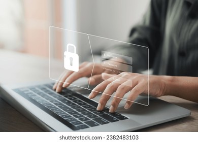 Cybersecurity and privacy concepts to protect data. Lock icon and internet network security technology. Businesswomen protecting personal data on laptops virtual interfaces. - Powered by Shutterstock