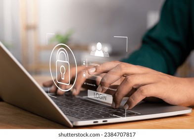 Cybersecurity and privacy concepts to protect data. information security and encryption, businessman or User using laptop typing login protecting personal data on internet network security.