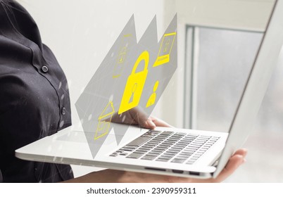 Cybersecurity and privacy concepts to protect data. Lock icon and internet network security technology. Businessmen protecting personal data on laptops and virtual interfaces