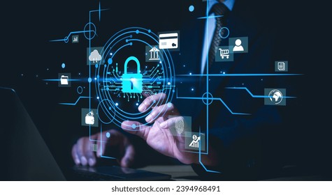 Cybersecurity and privacy concepts to protect data. Lock icon and internet network security technology. Businessman protecting personal data on internet, virtual screen interfaces. cyber security.
