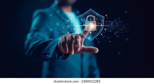 Cybersecurity and privacy concepts to protect data. Lock icon and internet network security technology. Businessman protecting personal data on smartphone, virtual screen interfaces. cyber security.