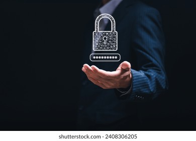 Cybersecurity and privacy concepts to protect data. Businessman  with padlock icon for protecting personal data and secure internet access.