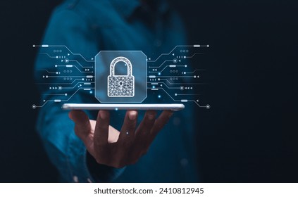 Cybersecurity and privacy concepts to protect data. Businessman show virtual padlock icon for protecting personal data and secure internet access. - Powered by Shutterstock