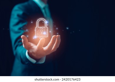 Cybersecurity and privacy concepts to protect data. Businessman holding virtual padlock icon in concept of cyber security privacy information in network technology