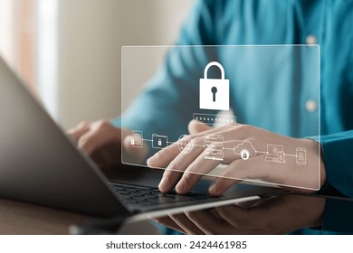 Cybersecurity and privacy concepts to protect data. Lock icon and internet network security technology. Businessmen protecting personal data on laptops and virtual interfaces.