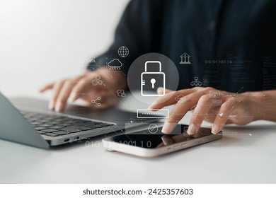 Cybersecurity and privacy concepts to protect data. Lock icon and internet network security technology. Businesswomen protecting personal data on smartphone virtual interfaces.
 - Powered by Shutterstock