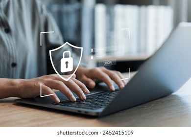 Cybersecurity and privacy concepts to protect data. Lock icon and internet network security technology. Businesswomen protecting personal data on laptops virtual interfaces. - Powered by Shutterstock