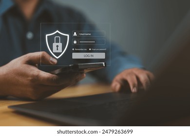 Cybersecurity and privacy concepts to protect data. Lock icon and internet network security technology. Businessman protecting personal data on smartphone, virtual screen interfaces. cyber security.