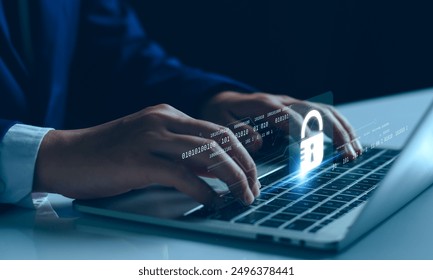 Cybersecurity and privacy concepts to protect data. Lock icon and internet network security technology. Businessman protecting personal data on computer, virtual screen interfaces. Cybersecurity. - Powered by Shutterstock