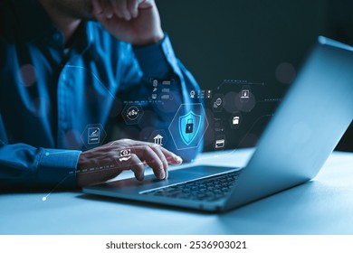 Cybersecurity and privacy concepts to protect data. Global network security technology, business people protect personal information. Encryption with a padlock icon on the virtual interface.
