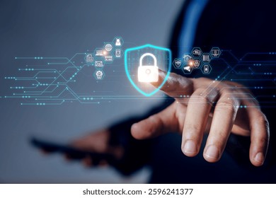 Cybersecurity and privacy concepts to protect data. Business Finger press on lock icon and internet network security technology. Virtual screen interfaces. cyber security.