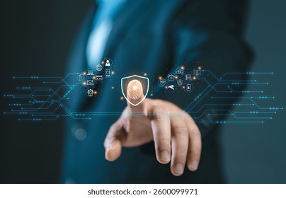 Cybersecurity and privacy concepts to protect data. Business Finger press on the fingerprint icon and internet network security technology. Virtual screen interfaces. cyber security.
