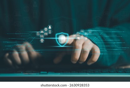 Cybersecurity and privacy concepts to protect data. Business Finger press on the fingerprint icon and internet network security technology. Virtual screen interfaces. cyber security.