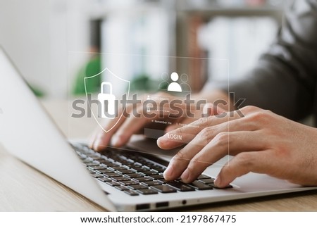 Cybersecurity and privacy concepts to protect data. Lock icon and internet network security technology. Businessmen protecting personal data on laptop and virtual interfaces.