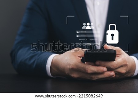 Cybersecurity and privacy concepts to protect data. Lock icon and internet network security technology. Businessmen protecting personal data on smartphone and virtual interfaces.