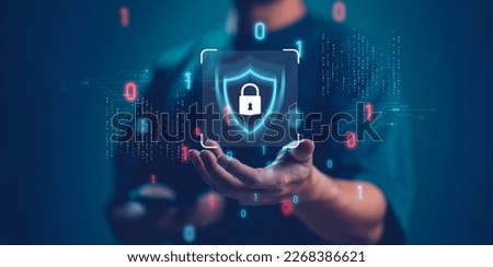 Cybersecurity and privacy concepts to protect data. Lock icon and internet network security technology. Businessman protecting personal data on smartphone, virtual screen interfaces. cyber security.