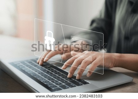Cybersecurity and privacy concepts to protect data. Lock icon and internet network security technology. Businesswomen protecting personal data on laptops virtual interfaces.